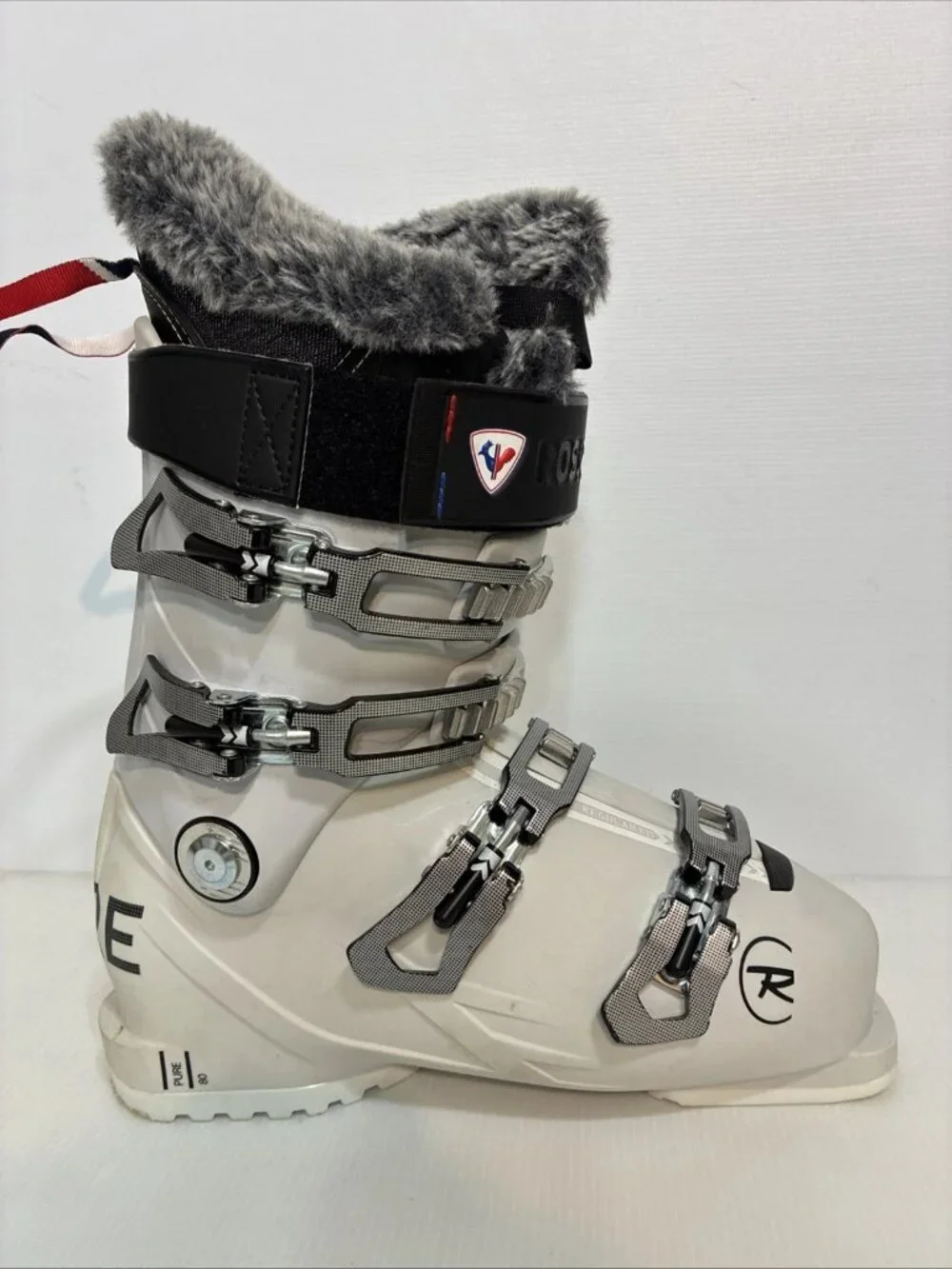 Rossignol Pure 80 Women's Ski Boots White Grey Faux Fur Liner Size 25.5, 298mm